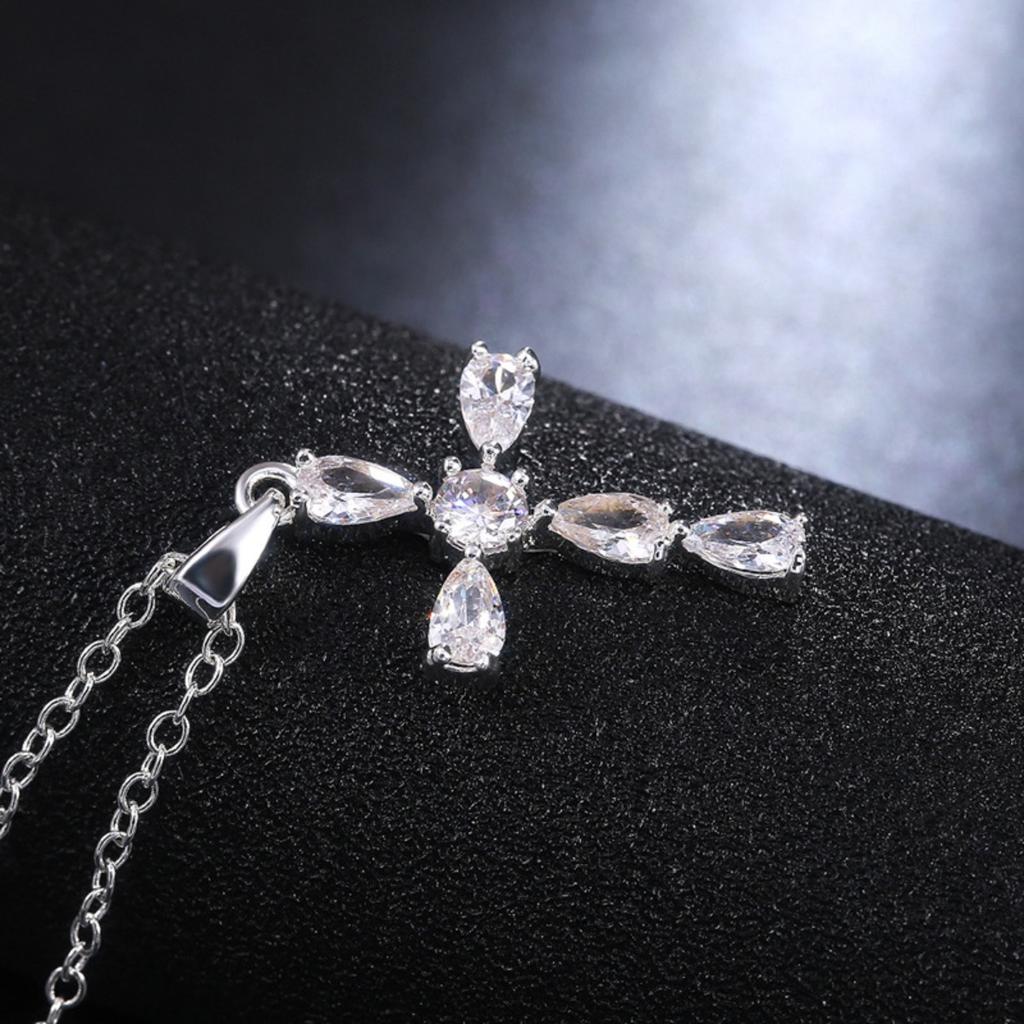 Women Teardrop Stone Cross Pendant Necklace with Central Round Stone Elegant Sparkling Religious Inspired Jewelry for Daily and Special Occasions
