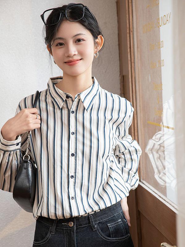 

Women s Long Sleeve Striped Shirt Coat Large