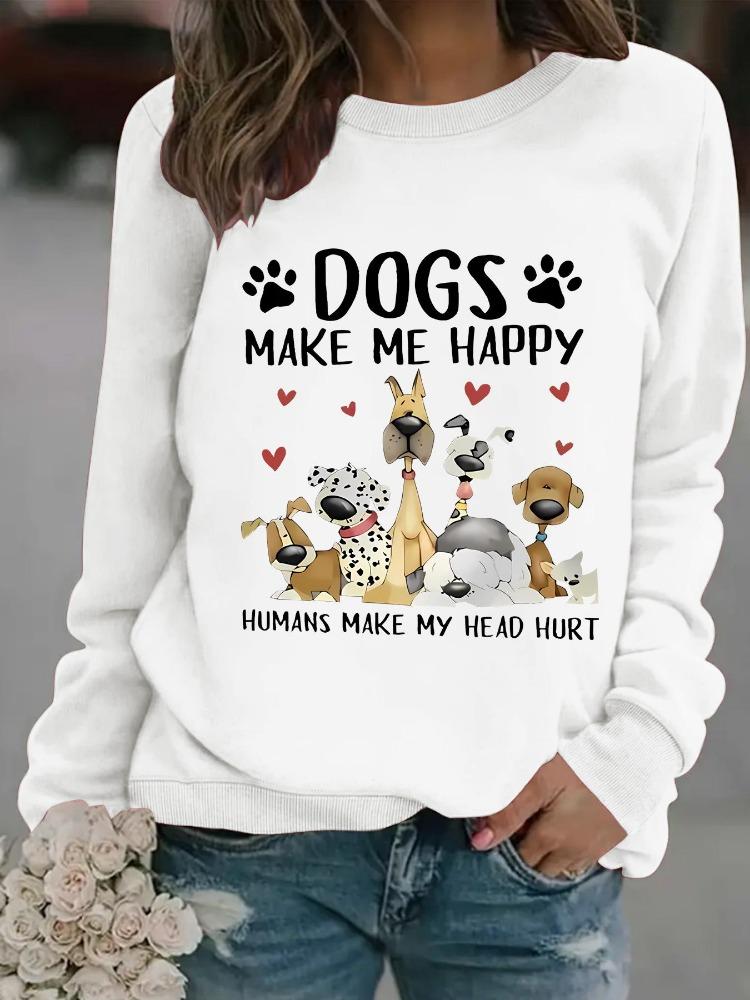 European American Cross Border Women Casual Autumn Winter Dog Print Pullover Round Neck Long Sleeve