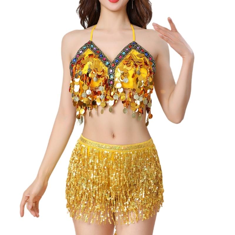 Women Belly Dance Outfit Sequins Fringe Hip Scarf Skirt Wrap Sequins Belly Dancing Bra Two Piece Belly Dancing Costume жёлтый