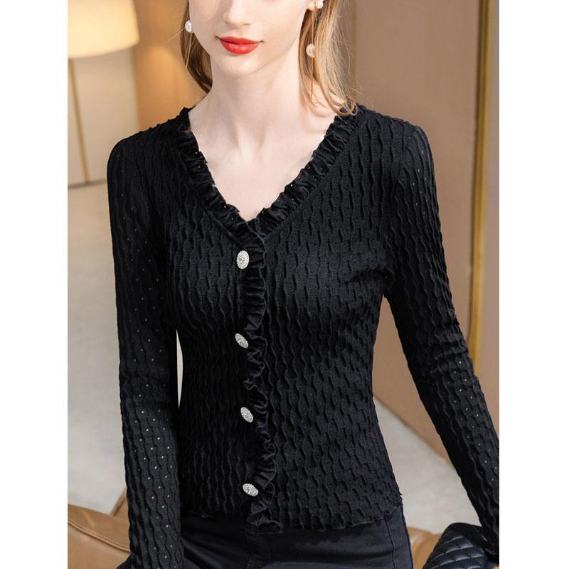 Office Lady Fashion Elegant White Ruffles Lace T-shirt Female Clothing Bottoming Chic Women V-neck Slim Long Sleeve Solid Top
