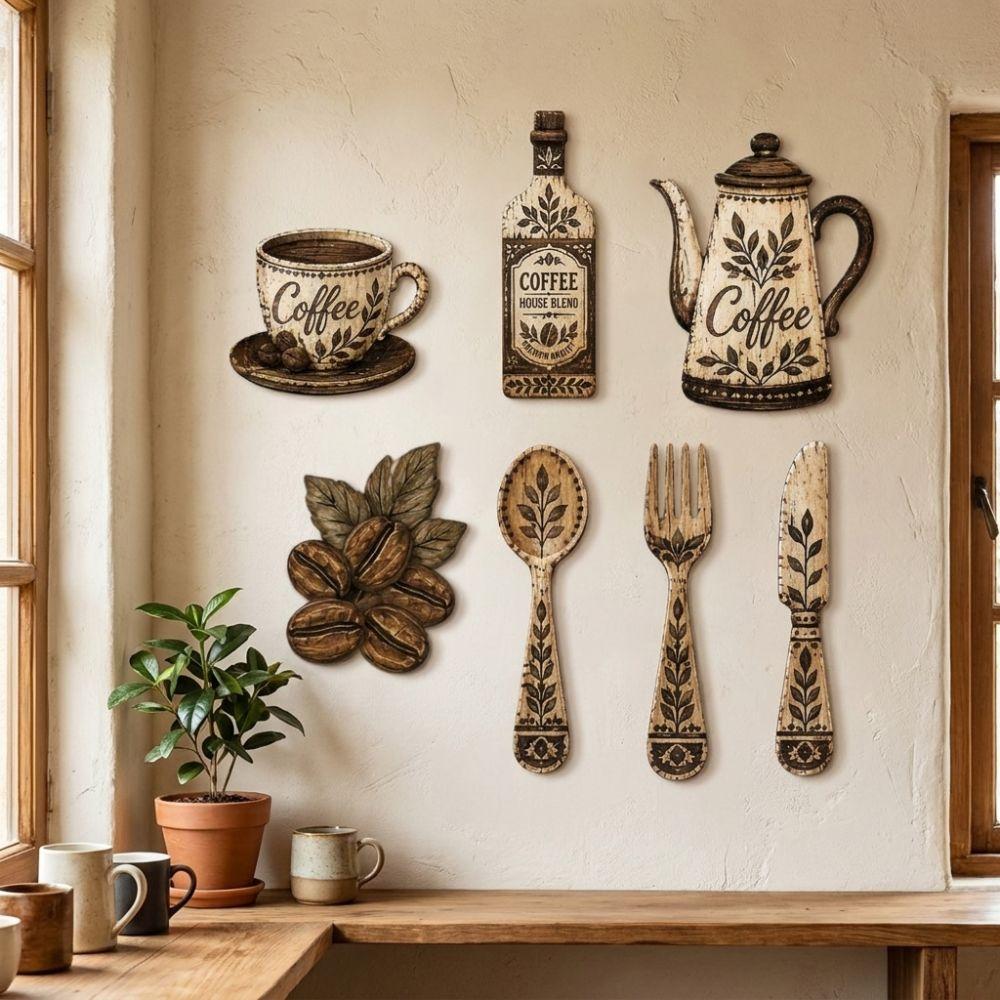 7Pcs Vintage Coffee Utensil Wooden Ornament Dining Room Wall Decor Set For Home Kitchen