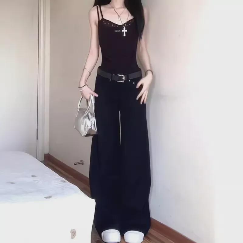 Γυναικείο τζιν παντελόνι American Retro σε μαύρο χρώμα, υψηλής ποιότητας, με φαρδιά μπατζάκια - Χαμηλή μέση, στενή εφαρμογή, ντραπέ, χαλαρό, casual καλοκαιρινό παντελόνι