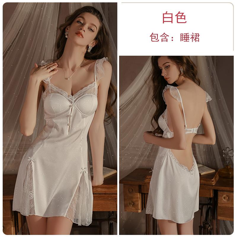 Silky fine flash satin deep V plus chest pad pure desire backless suspender nightdress robe loungewear set