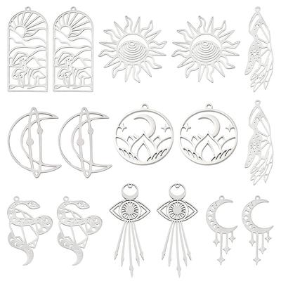 16Pcs 8 Style 201 Stainless Steel Pendants, Sun & Moon & Snake, Stainless Steel Color, 34~48.5x17~38x1mm, Hole: 1.5~5x1.5~7mm, 2pcs/style