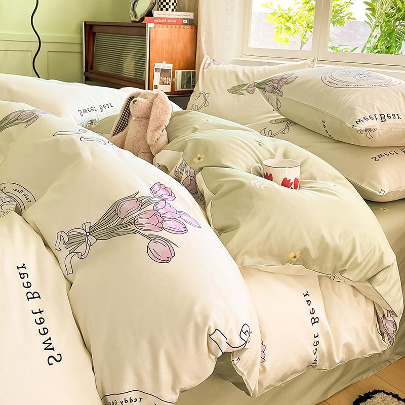 Set din patru piese din bumbac, pat din bumbac pur, husă de pilota, cearșaf de pat, set din trei piese pentru dormitor, lenjerie de pat