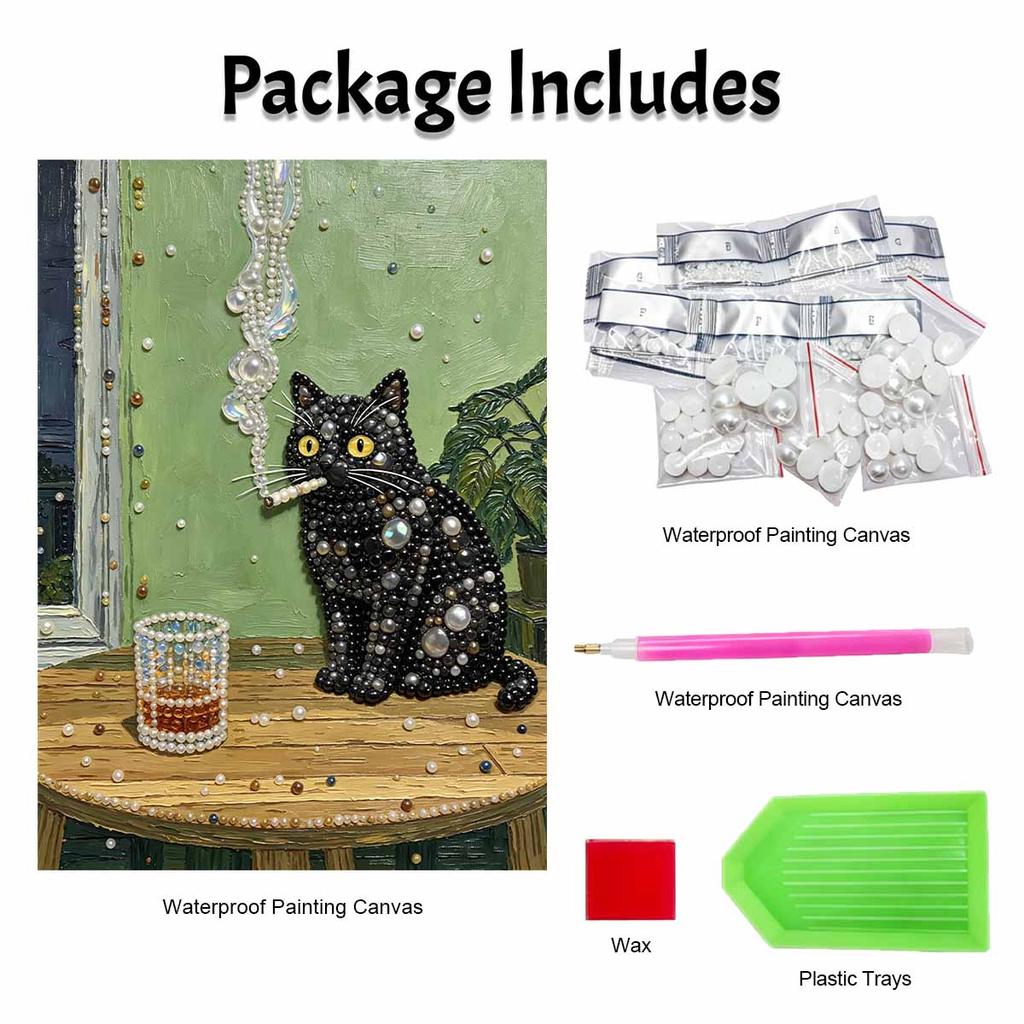 5D Pearl Painting Kit Framed with Black Cat Smoking Design Sparkling Bead Art Canvas DIY Relaxing Craft for Wall Decor Gift Home Artwork