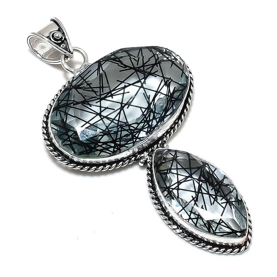 Natural Black Rutile Gemstone Handmade 925 Sterling Silver Pendant 3.15" Y5b62