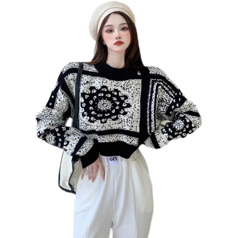 Ins Retro Jacquard Sweater Women's Autumn and Winter Lazy Loose Foreign Style Pullover Knitted Sweater Short