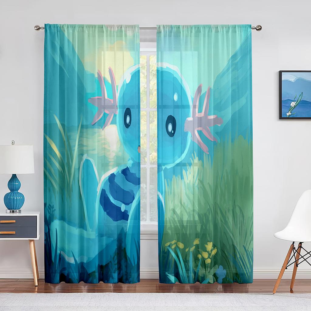 Cartoon Watercolor Axolotl with Hat Sheer Voile Curtain Sealife Reptiles Chiffon Tulle Curtains for Living Room Bedroom Drapes