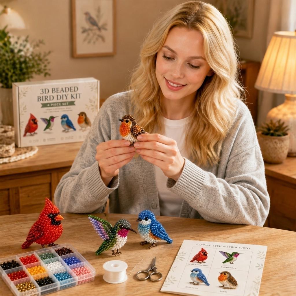 3D Beaded Bird DIY Kit 4-Piece Set Includes Beads Wire Scissors and Step-by-Step Instructions for Crafting Detailed Bird Models