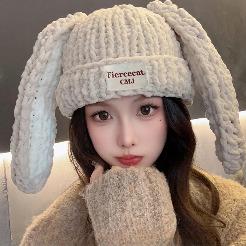 Korean Cute Long Rabbit Ears Thick Woolen Hat for Women In Autumn and Winter New Thickened Warm Ear Protection Pure Handmade Knit Hat