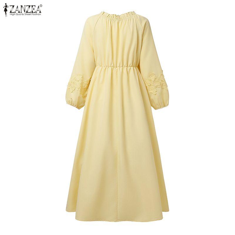ZANZEA Women Bohemian Lace Crochet Patchwork Casual Long Sleeve Long Dress