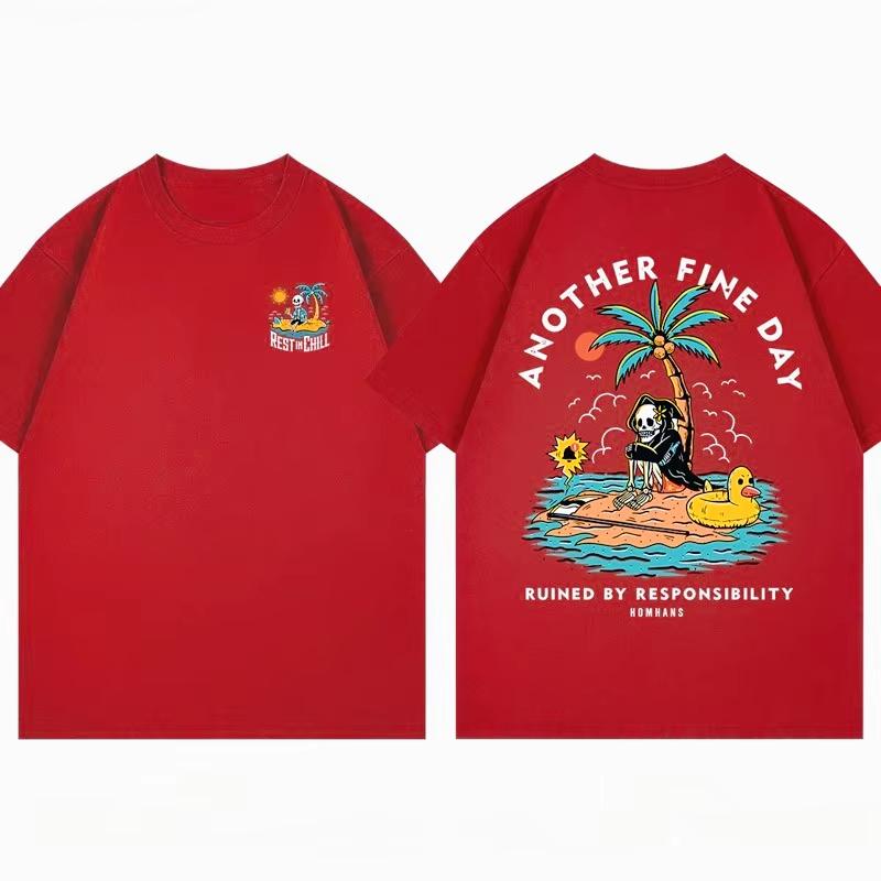 2025 Summer New Fun Death God Vacation printed cotton Tshirt loose and fashionable couple shortsleeved mens and womens tops