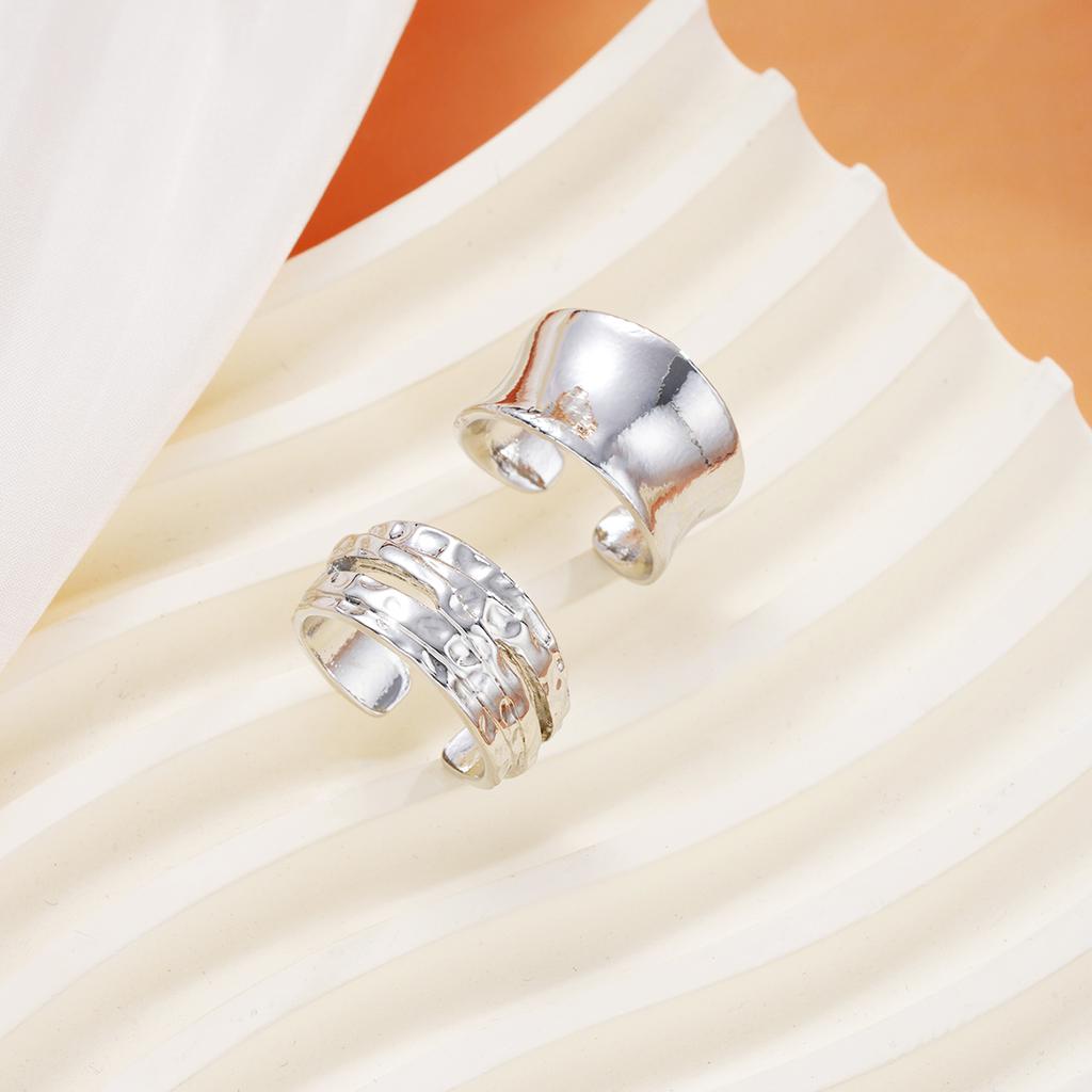 2Pcs/Set Geometric Irregular Open Rings For Women Vintage Simple Silver Color Wide Face Rings Set Daily Wear Jewelry Accessories