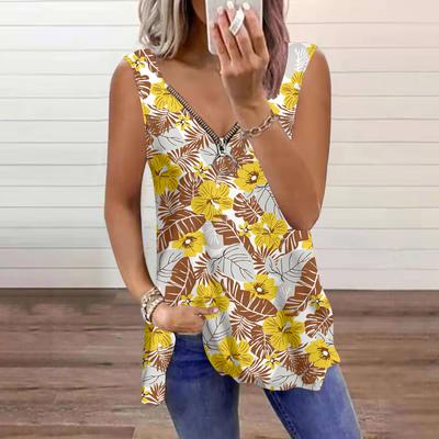 Women's Top Summer Banana Leaves Printed Casual Plus Size Sleeveless Zipper V-neck Top Tank Top