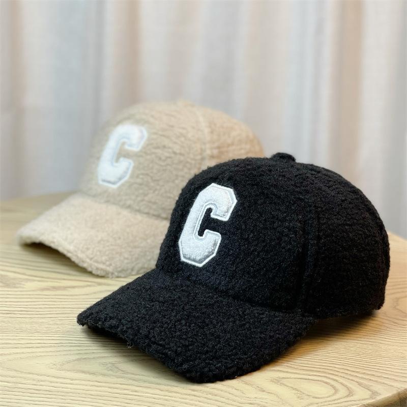 New Hat Women's Autumn and Winter C Letter Lamb Wool Warm Baseball Cap Korean Style Casual Peaked Cap for Women Outdoor Travel