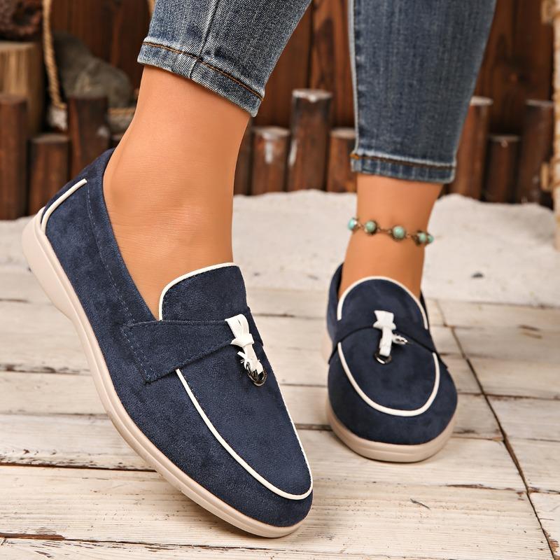 Vier Jahreszeiten Damen Wildleder Schleifen-Dekor Loafer Metallakzent Rutschfeste Flachsohle Zum Hineinschlüpfen Büroarbeit Tägliche Freizeit-Gehschuhe