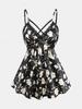 Rosegal Plus Size Rose Flower Print Lace Trim Crisscross Ruched Bowknot Camisole Set(Adjustable Shoulder Strap)
