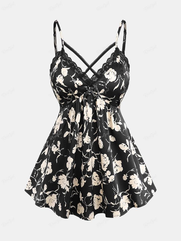 Rosegal Plus Size Rose Flower Print Lace Trim Crisscross Ruched Bowknot Camisole Set(Adjustable Shoulder Strap)