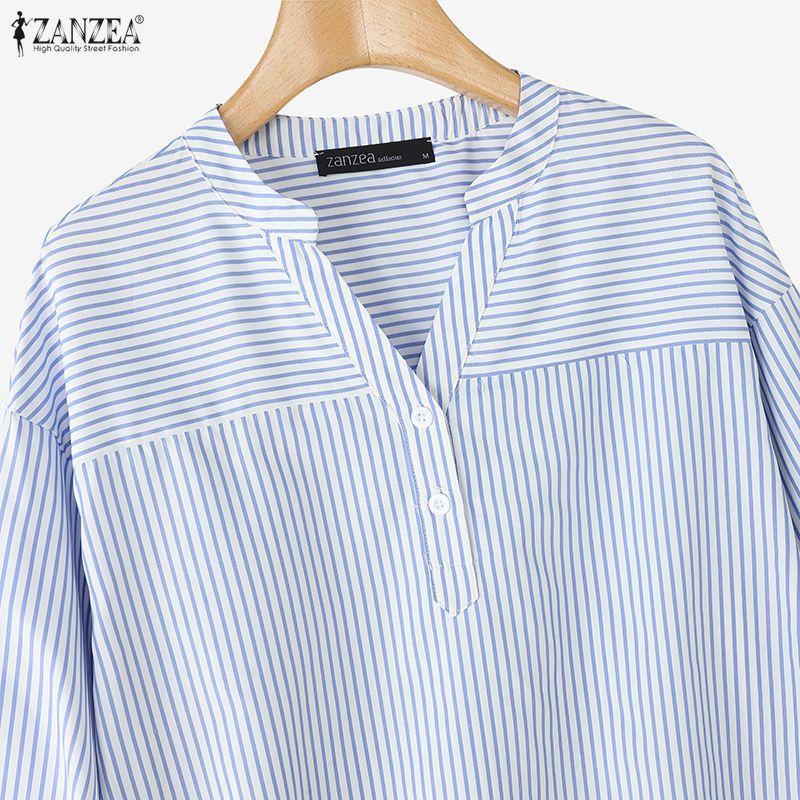 ZANZEA Blouse Décontractée Femme Col V Ample Manches Longues Rayures
