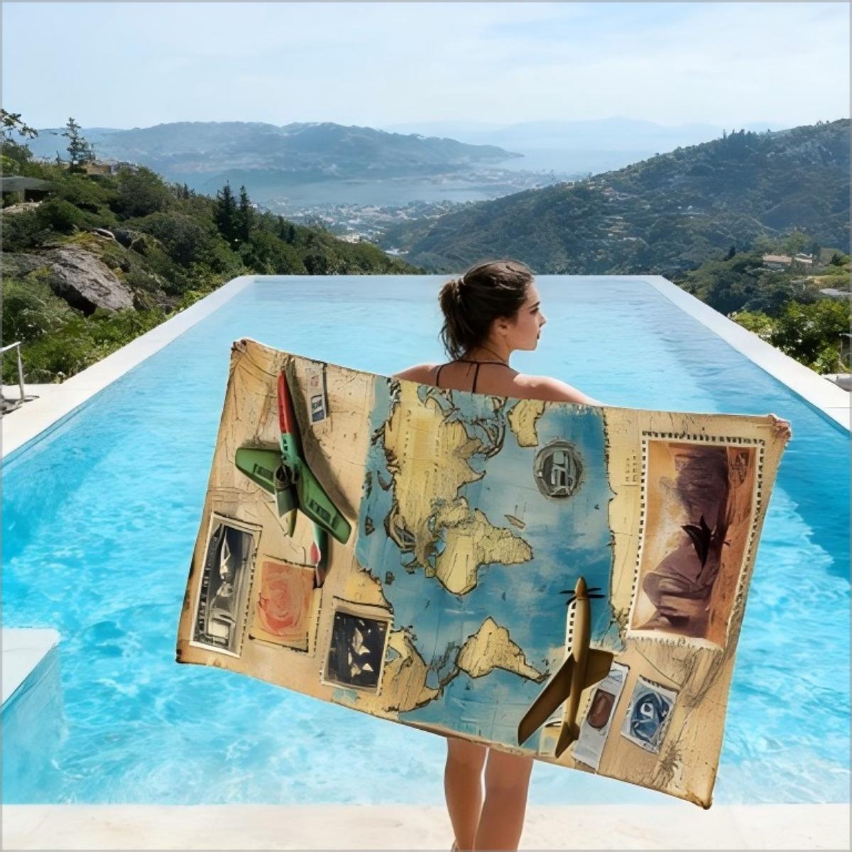

Vintage World Map Beach Towel Retro Airplane Travel Stamp Print Microfiber Oversized Beach Blanket for Summer Pool Camping Gift W30*H60(CM)