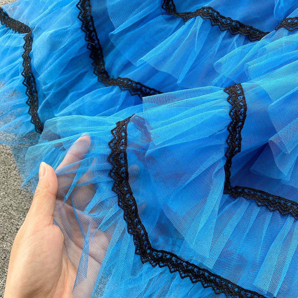 Sweet Temperament Two-Piece Suit V-Neck Knitted Top Blue Cake Skirt Mesh High Waist Retro Tutu Skirt