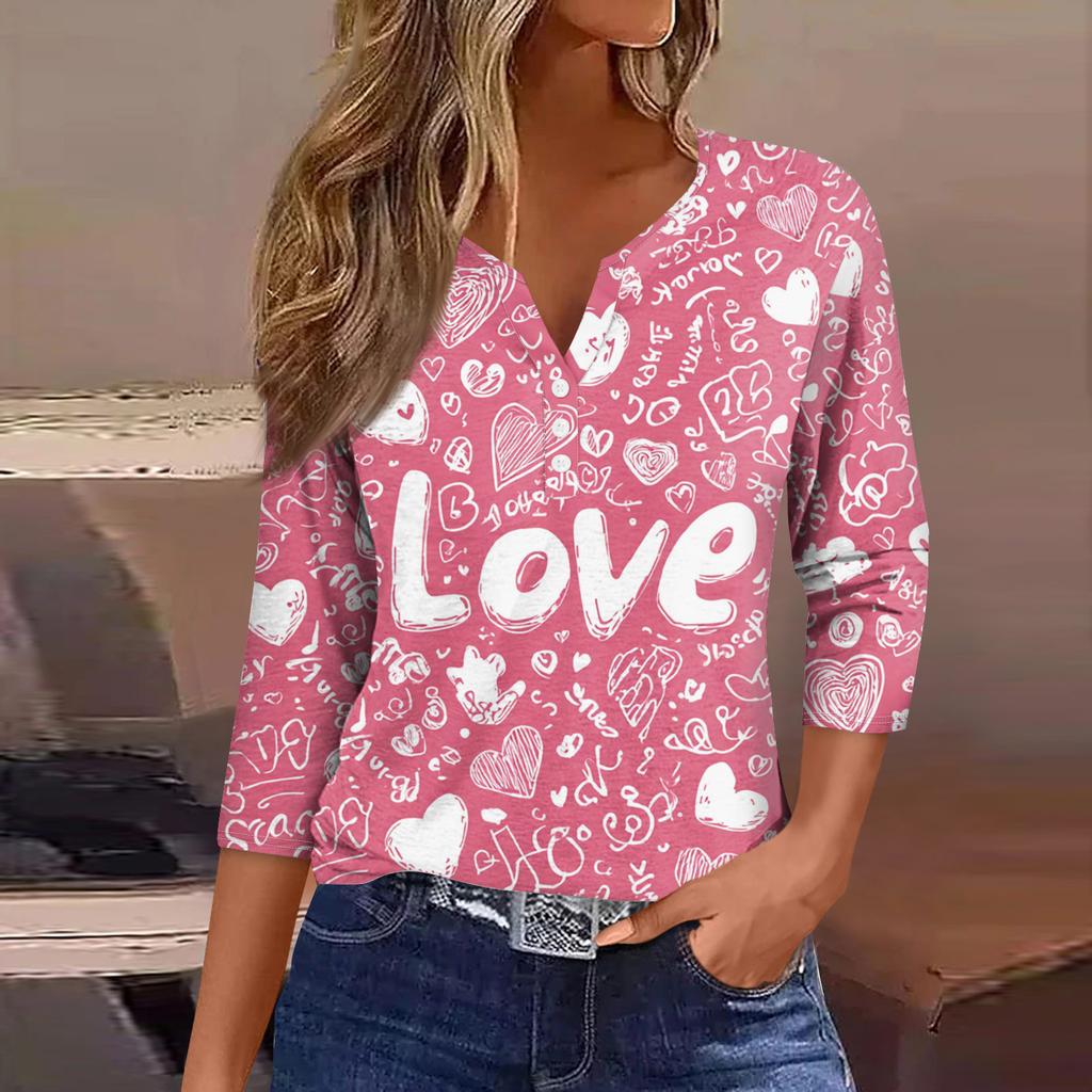 Damen Kragen Valentinstag Print Kurzarm T-Shirt Top