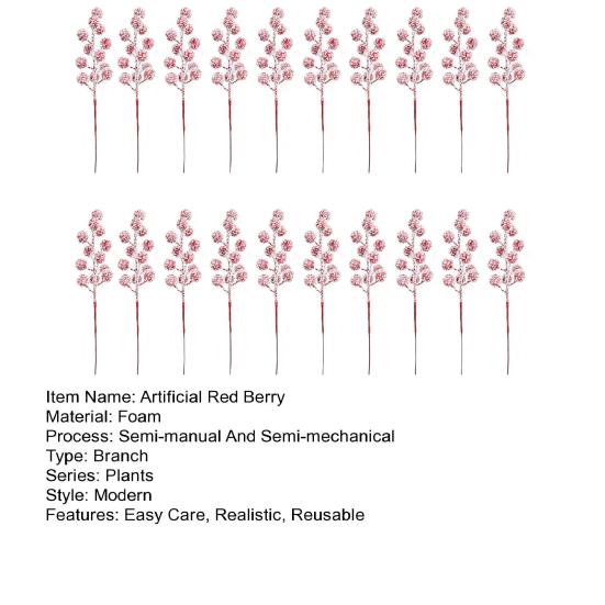 Yousheng 20Pcs Artificial Snow Red Berry Pick Branch Christmas Holly Berries Stem Faux Plants Branch Xmas Holiday Wedding Party Home Decoration