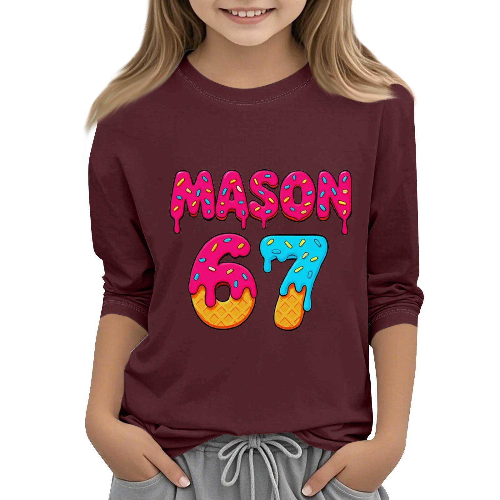 

Дитяча мода Футболка з рукавом три чверті, круглим вирізом, з принтом, повсякденний топ 140 винний