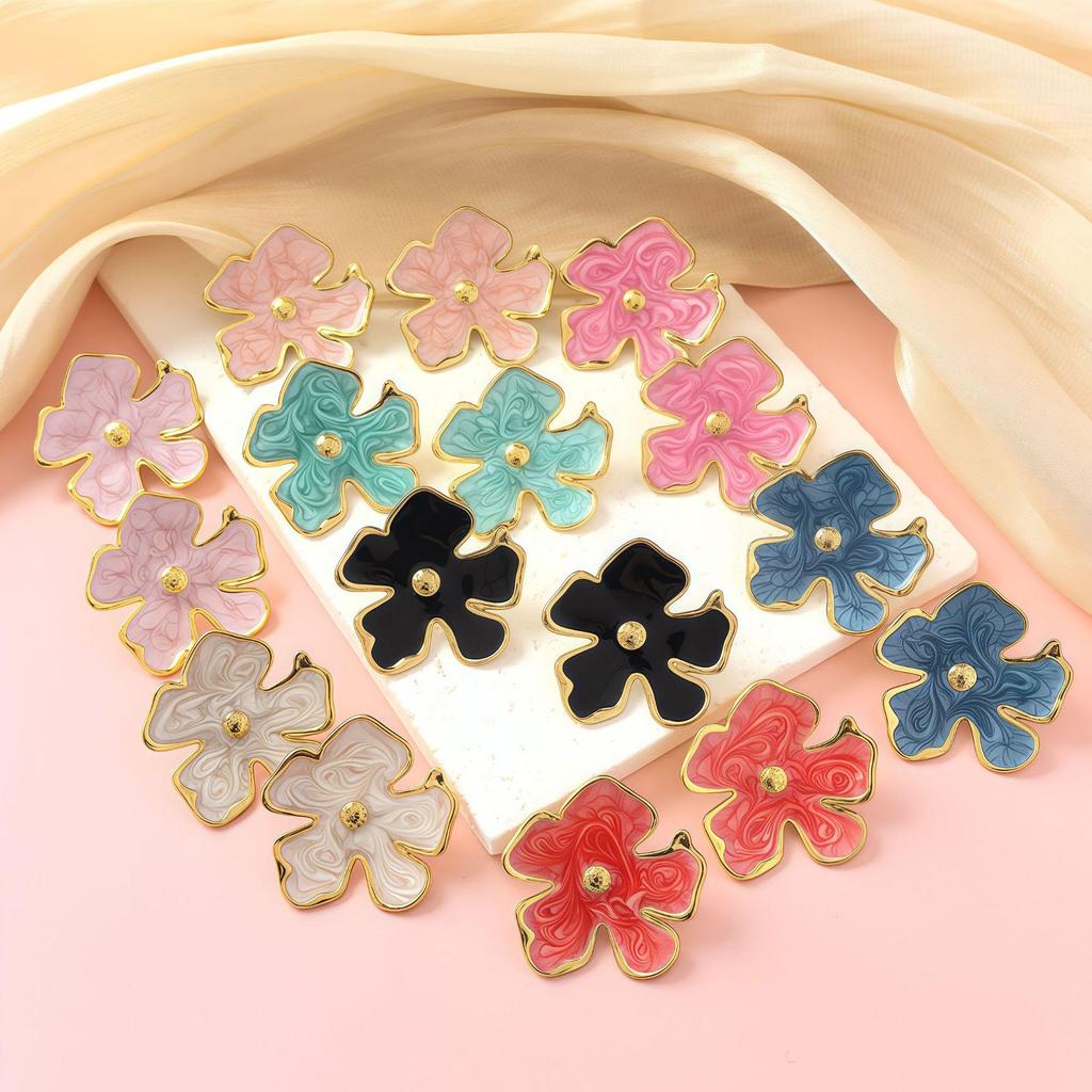 Luxury Titanium Steel Flower Stud Earrings with Enamel and Irregular Petals