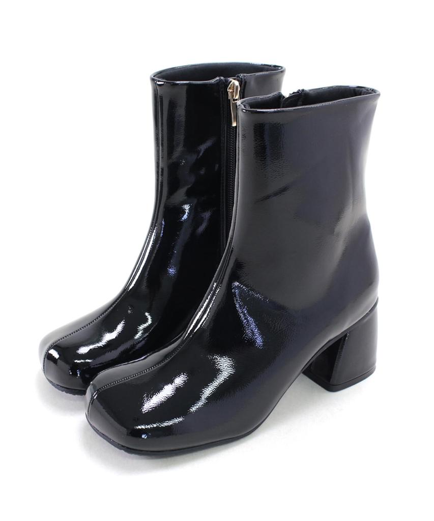 Sesto Square Toe Chunky Heel Short Black Patent Women's Boots, Medium, Leather, dsb9400-BLKE-M