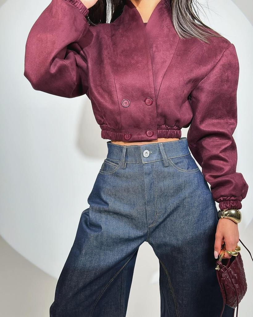 Burgundy Slimming V-Neck Double-Breasted Jacket - 2025 Spring Women's Fashion