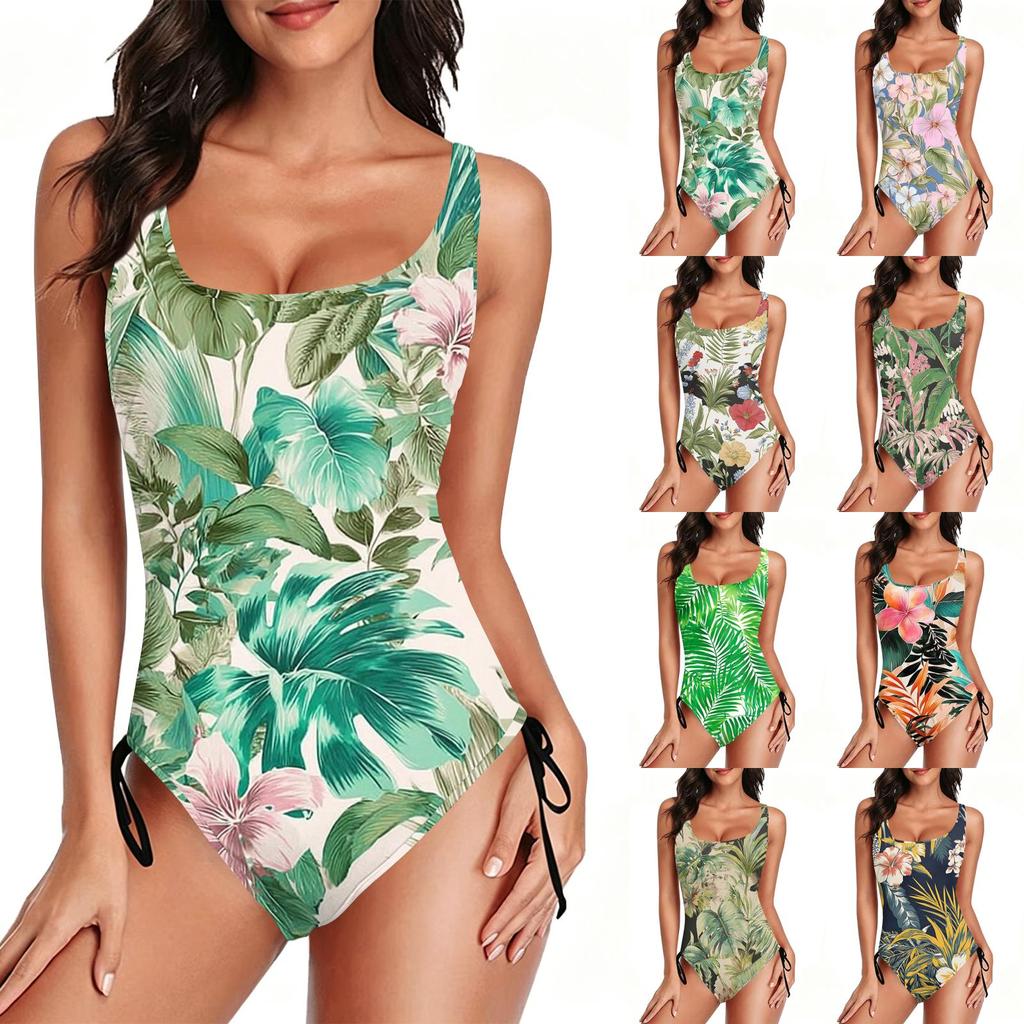 Women Swimsuit Tummy Control Push Up Bathing Suit Scoop Neck Leaf Print Slimming Swimwear Leotard