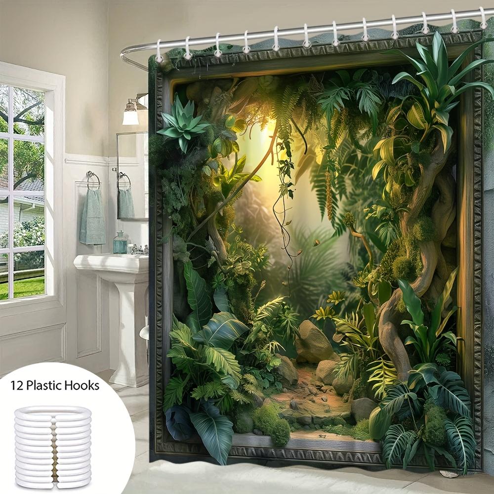 Enchanting Jungle Scene Bath Curtain - Lush Greenery & Sunlit Path; Waterproof Home Decor Adds Tropical Charm to Your Bathroom.
