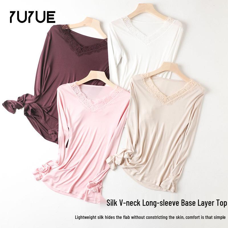 Yu Yue Women's V-Neck Silk Knit Long Sleeve Lace Trim Slim Fit Base Layer Top