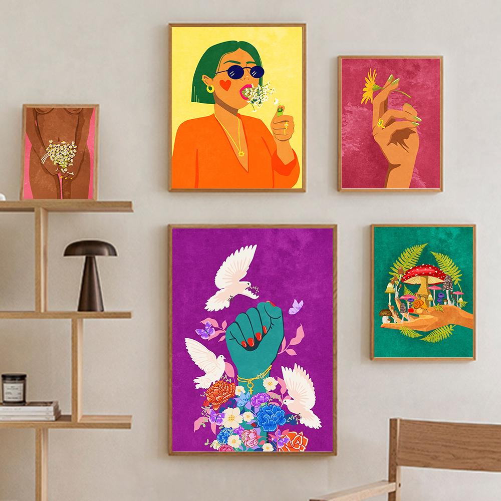 

Носіння квітів Настінні картини Куріння квітів Барвистий абстрактний плакат і принти Дівчина Сила Декор стін Кухня Картина на полотні 21x30cm No Framed