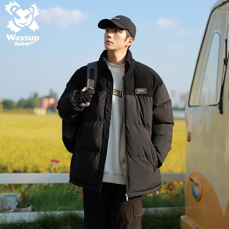 Wassup Sohot Men's Winter Corduroy Spliced Stand Collar Puffer Jacket