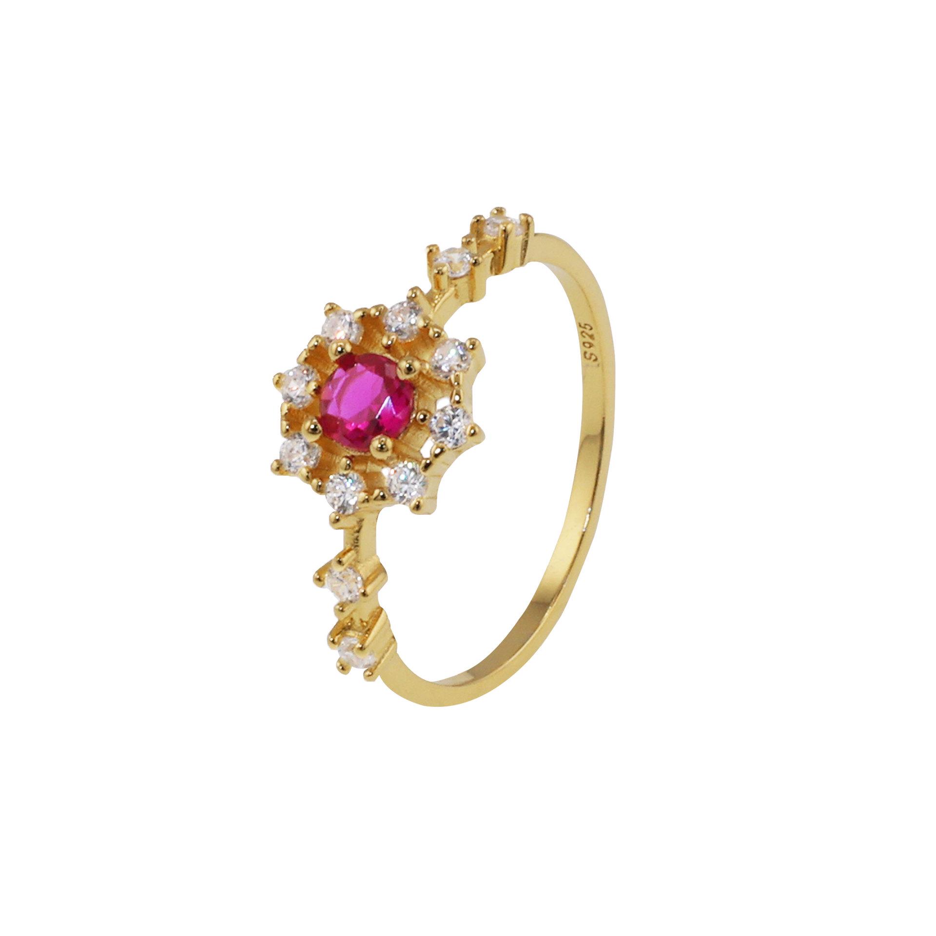 Zhenxing Gold-Plated Pink-Blue Diamond Flower Sterling Silver Ring Size 7