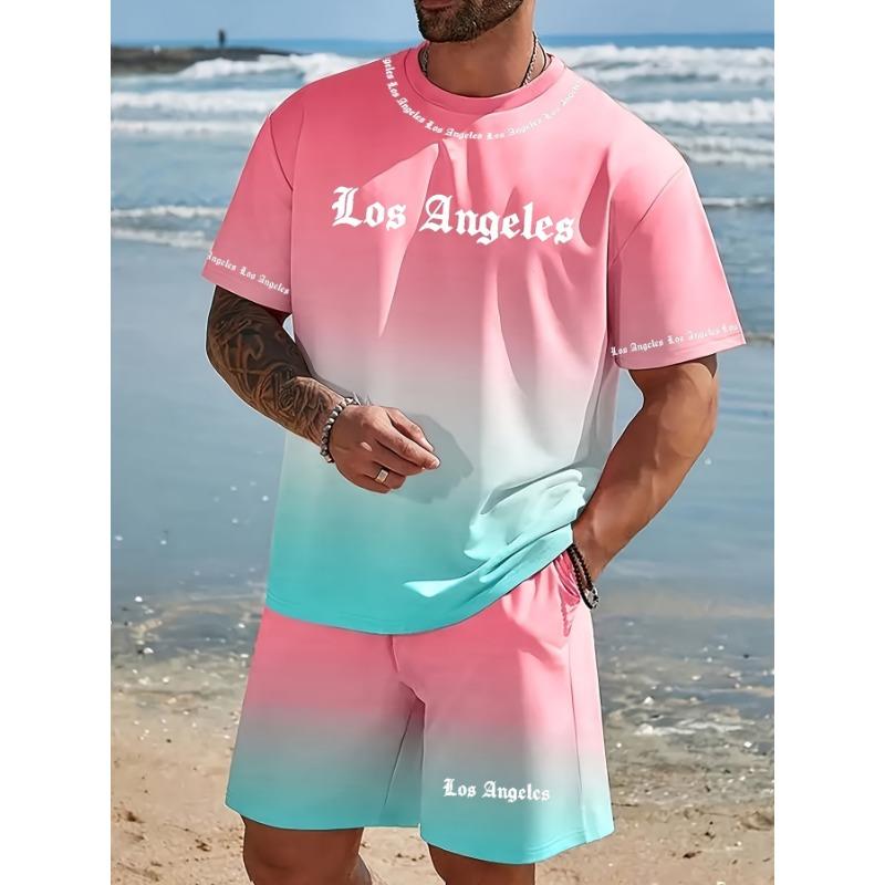 3D Print American Beach Style, 1 Set of 2pcs, T-Shirt + Shorts