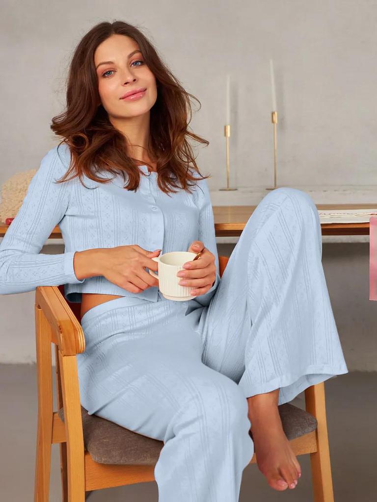 European Fashion Long Sleeve Jacquard Pajama Set with Hollow Design - Sexy Slim Fit Long Pants Home Wear