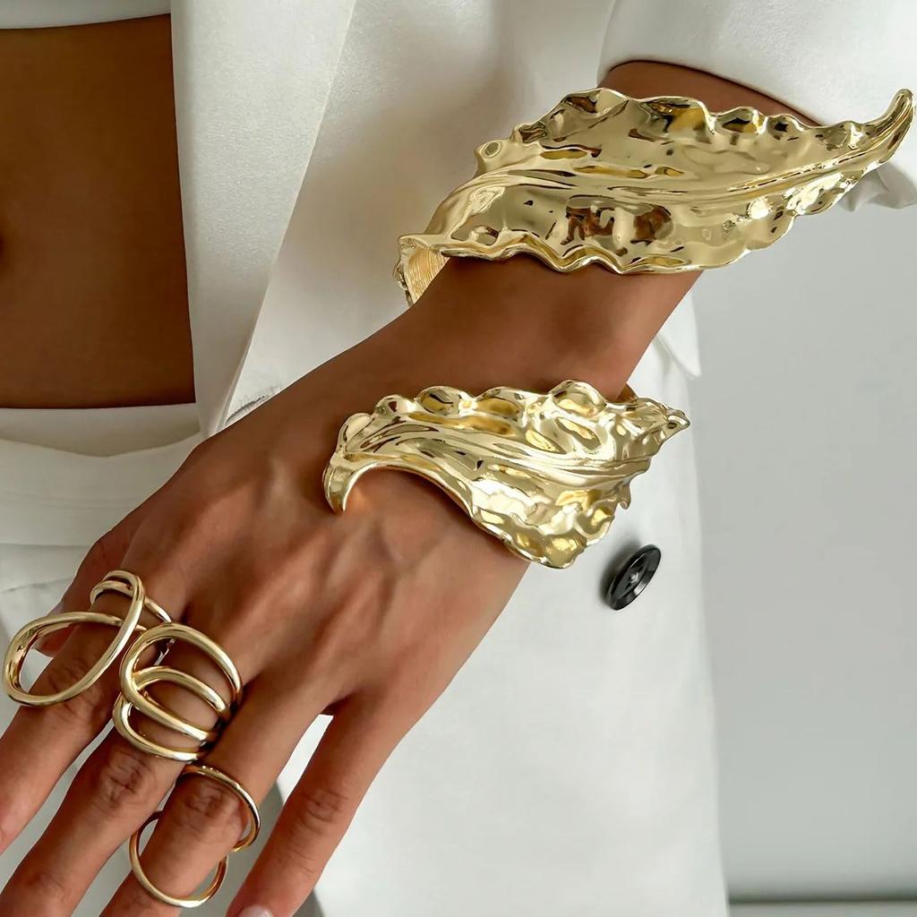 DIEZI Luxury Gold Color Metal Leaves Cuff Bangles for Women Men Exaggerated Punk Geometric Wrap Bangle Bracelet Party Jewelry