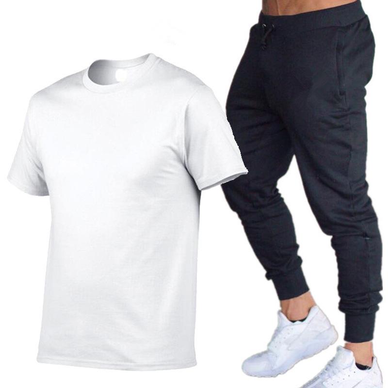Herren Sommer Freizeit Shorts & Skinny Hosen Set - Baumwolle Rundhals T-Shirt & Lange Hosen