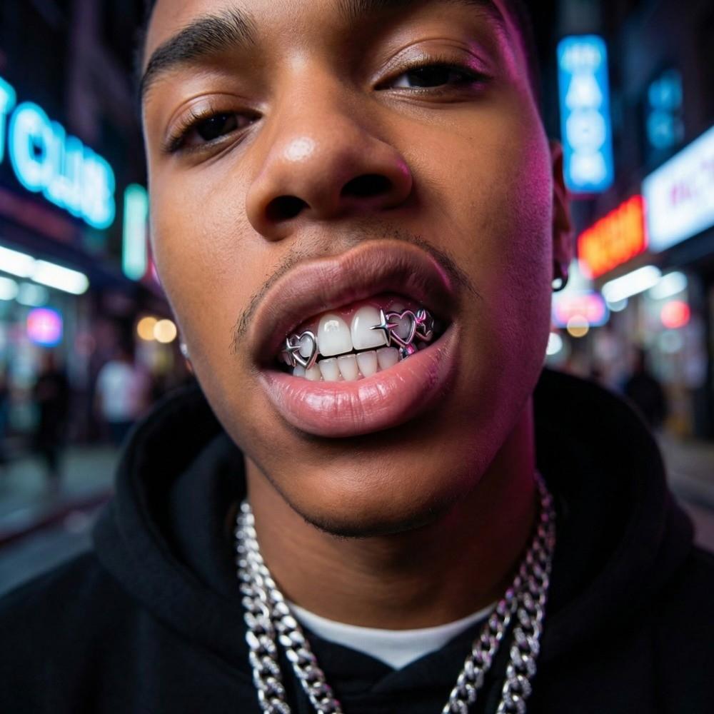 Grillz dentale a forma di cuore traforato placcato oro 18 carati, gioiello personalizzato per denti.