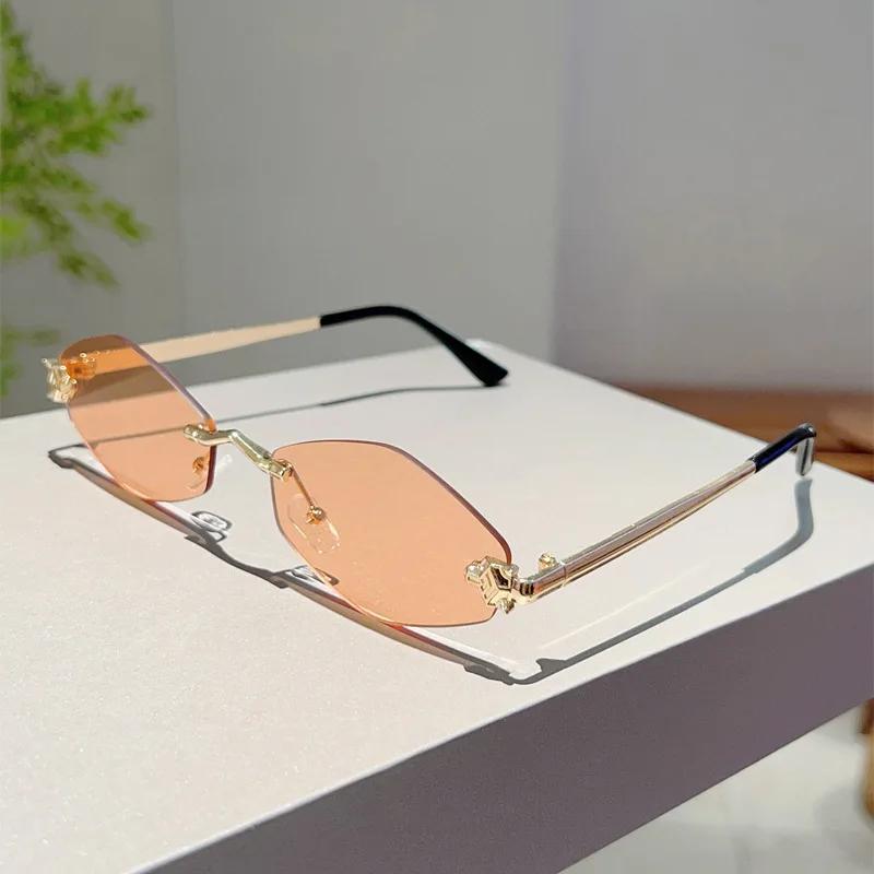 Vintage Rimless Rhombus Sunglasses Women For Men Luxury Brand Designer Popular Punk Hip Hop Metal Leopard Head Sun Glasses