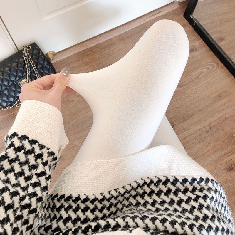 Women's High-Waist Cotton Leggings - Thick, Velvet-Lined, Stirrup Tights In Milk White & Beige for Autumn/Winter