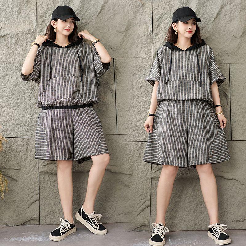 Summer Thin Cotton and Linen Plaid Short-sleeved Suit Plus Size Hooded Retro Top Five-point Pants Two-piece Suit