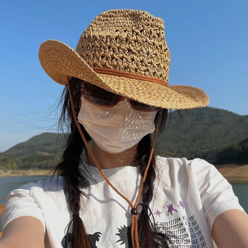 Solid Color Western Cowboy Hat Ethnic Style Fisherman Hat Classic Sunscreen Straw Hat  Travel