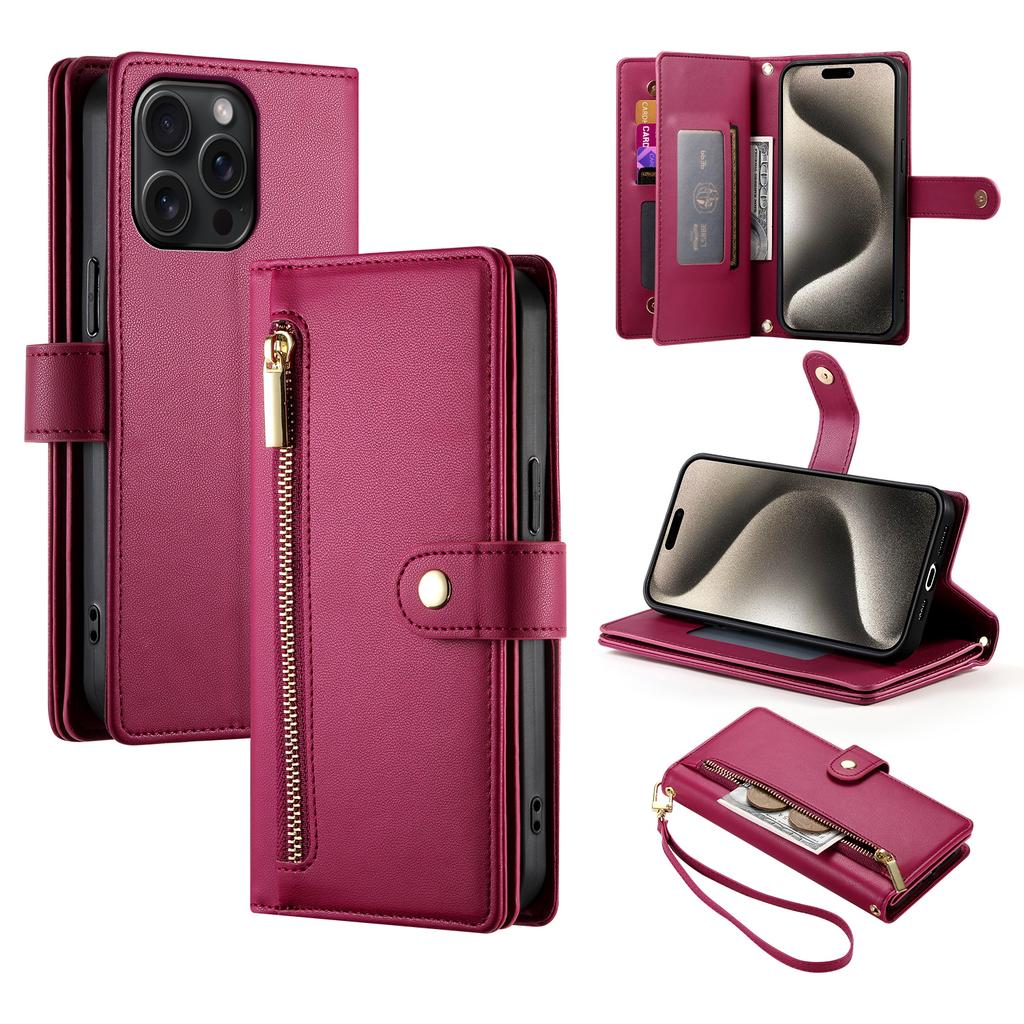 DF-011 For iPhone 15 Pro Max Leather Case Zipper Wallet Crossbody Phone Cover Stand View
