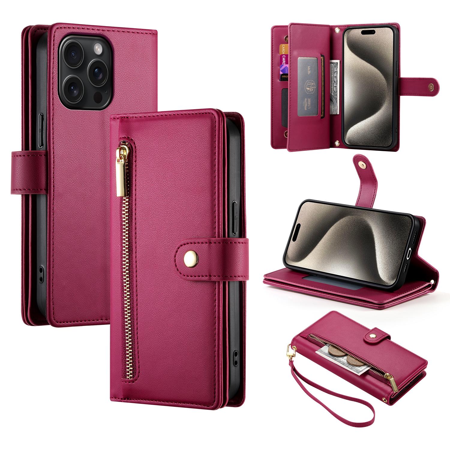 

DF-011 For iPhone 15 Pro Max Leather Case Zipper Wallet Crossbody Phone Cover Stand View A
